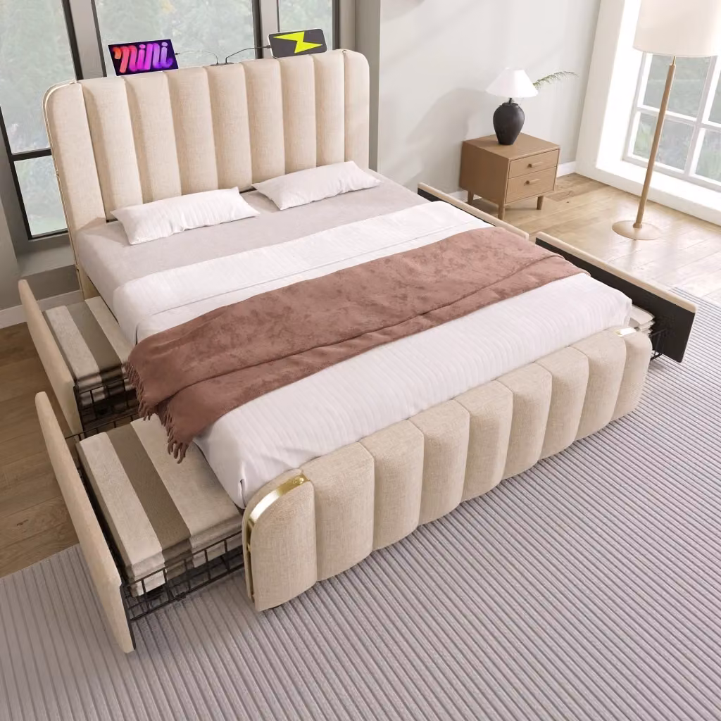 Letto Contenitore Singolo con Testiera Imbottita e Porte di Ricarica USB/USB-C, Beige, L/P: 90 x 200 cm – 2