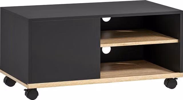Mobile TV su ruote HOMCOM con freni, armadietto e ripiano regolabile, Nero e Rovere – 1