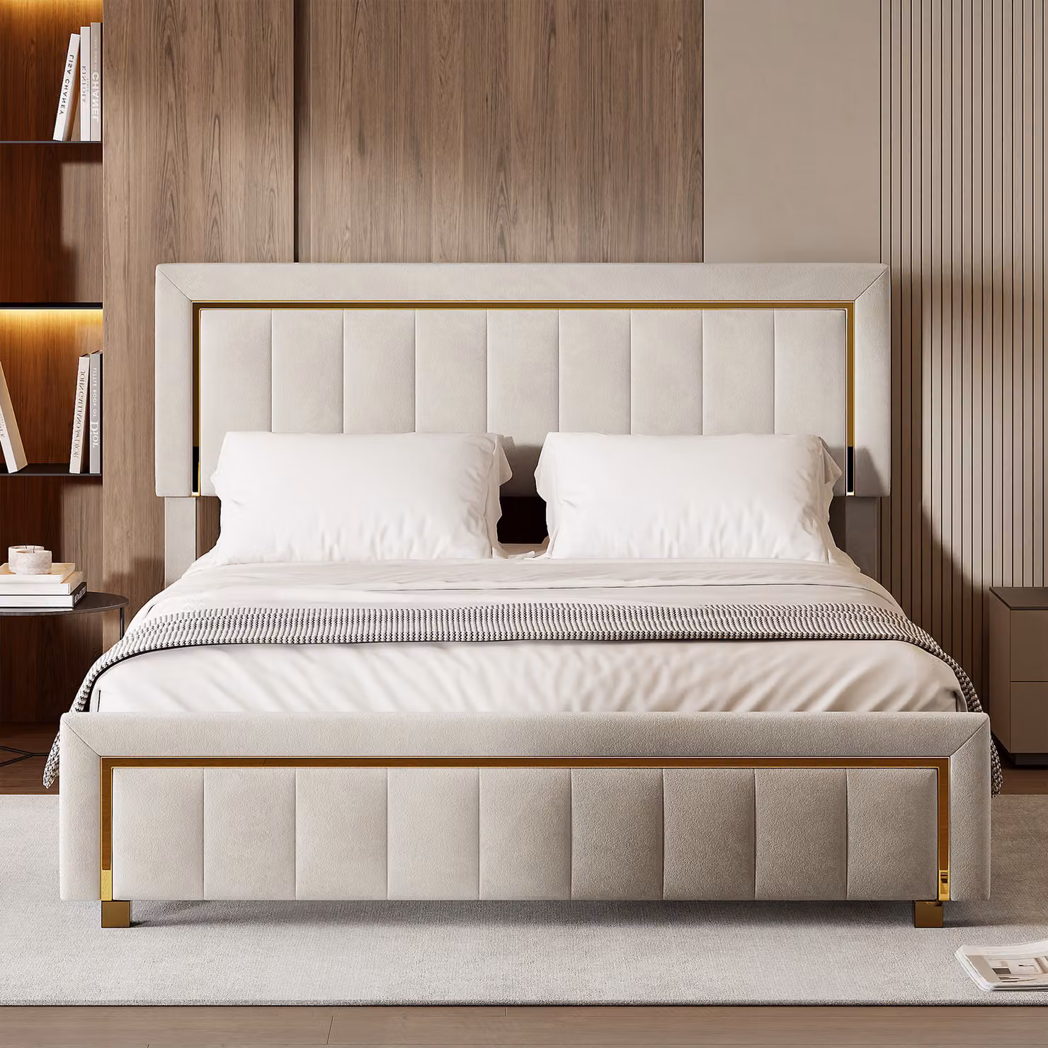 CDGlobal letto imbottito 160x200cm con rete a doghe, letto a molle idrauliche con contenitore, letto matrimoniale con rete contenitore letto funzionale, beige