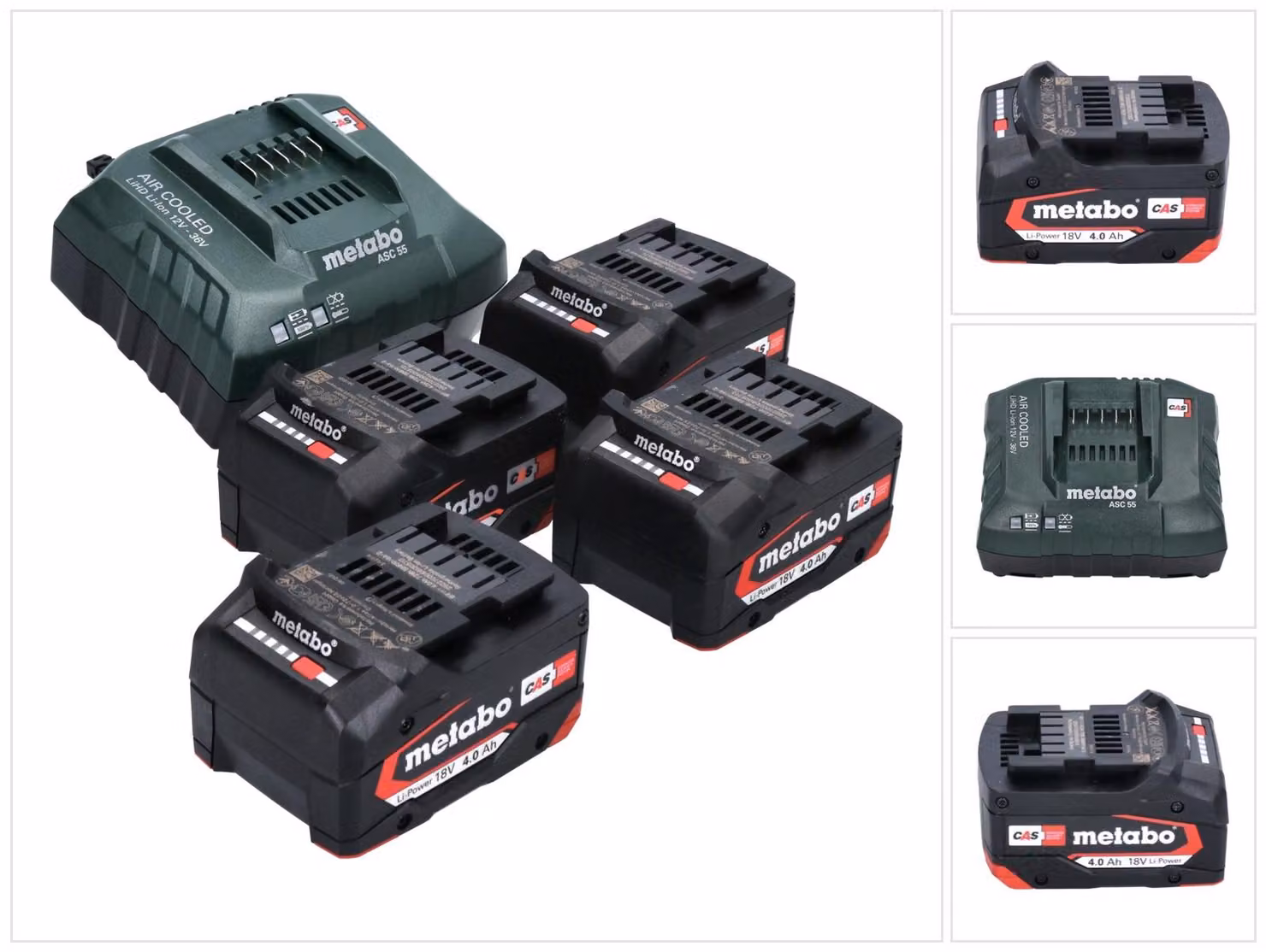 Set base Metabo 4x batterie Li-Power 18 V 4,0 Ah CAS Li-Ion ( 4x 625027000 ) + caricatore ASC 55 ( 627044000 )
