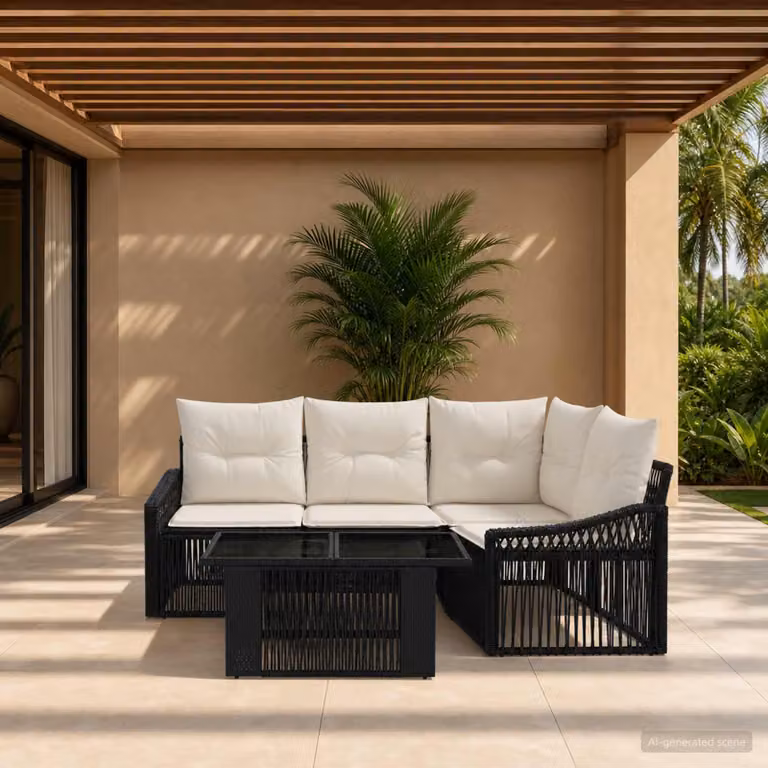 Set Divano da Giardino vidaXL 5 Pezzi in Polyrattan Nero e Bianco Crema con Tavolino e Cuscini Imbottiti