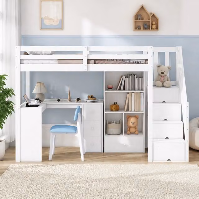 Letto a soppalco ULEVR 90x200 cm con scrivania, cassetti, ripiani e scaletta contenitore, bianco
