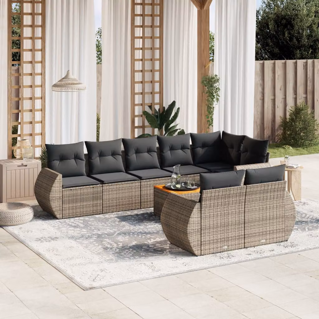 vidaXL Set Divano da Giardino 9 pz a L in Polyrattan Grigio con Cuscini e Tavolino – 1