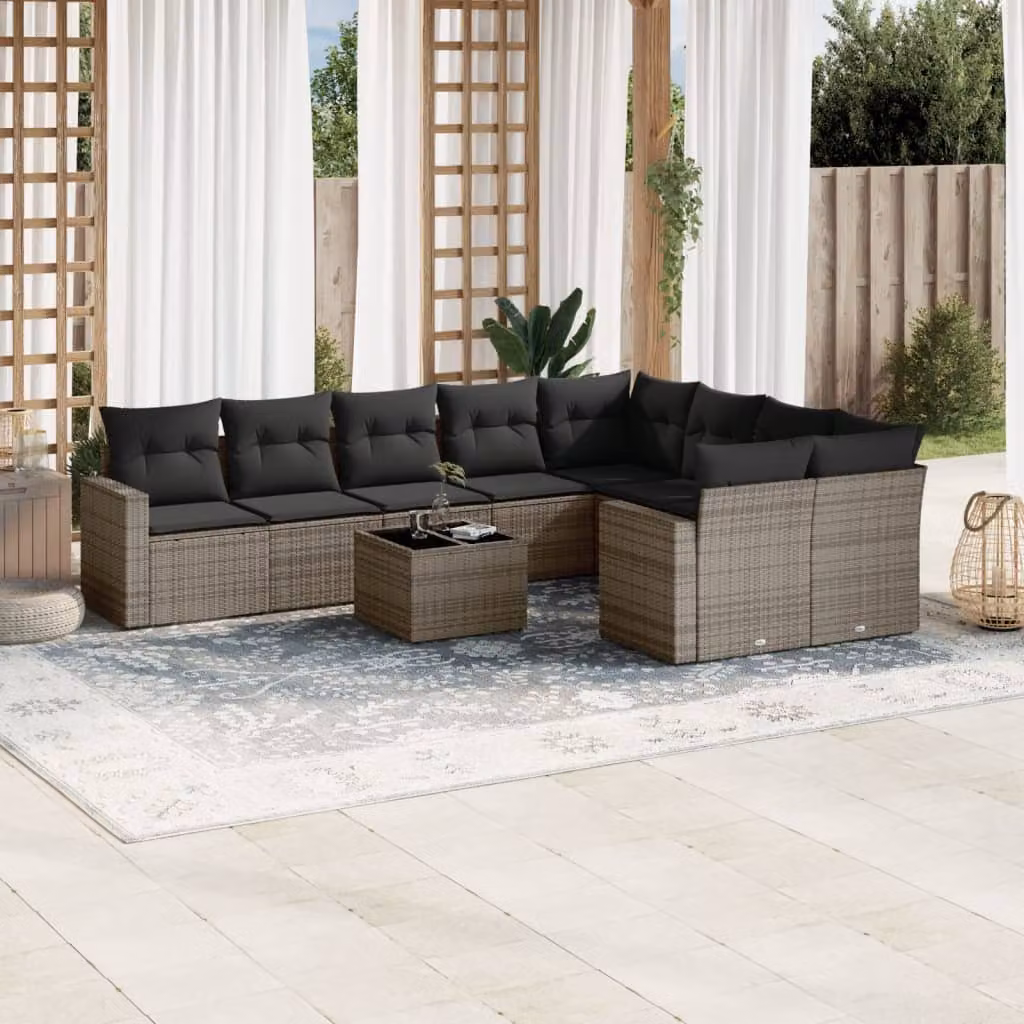 Set Divano da Giardino 10 pz vidaXL in Polyrattan Grigio con Cuscini e Tavolino da Esterno a Forma di L