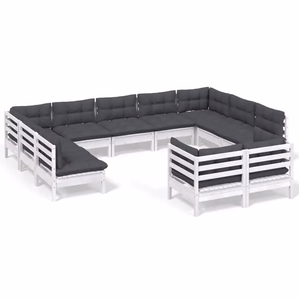 Set di divani da giardino a forma di U vidaXL in legno di pino con 11 pezzi e cuscini bianchi e antracite – 2