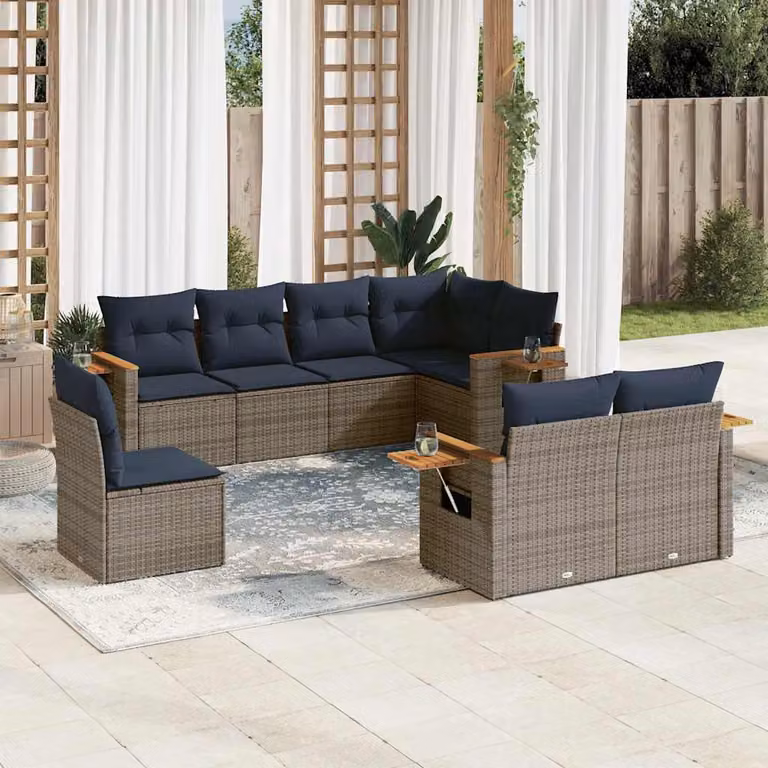 vidaXL Set Divani da Giardino 8 pz a Forma a L in Polyrattan con Cuscini Grigio e Blu e Tavolino da Esterno