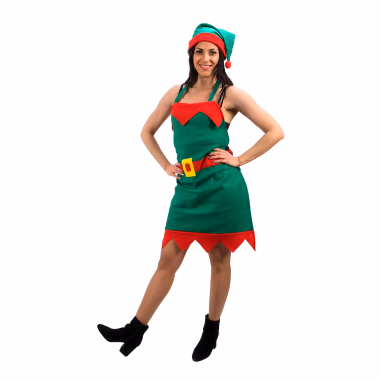 Grembiule da Elfo con Cappello per Donna Vestiamo Casa, Rosso e Verde, 80x30 cm