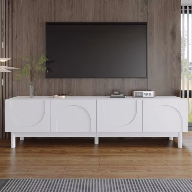 Mobile basso, mobile TV con ante curve a forma di onda, ripiani e supporto TV con gambe stabilizzatrici.