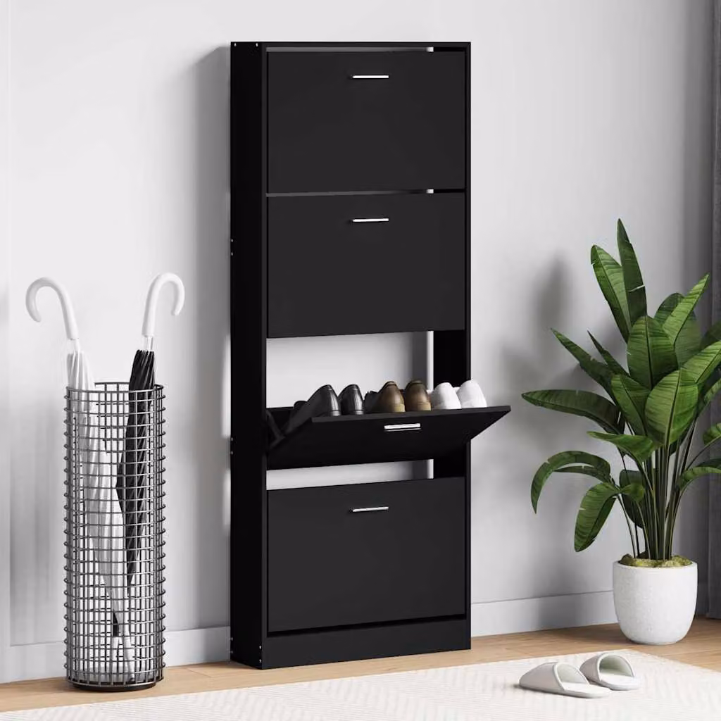 Scarpiera moderna vidaXL nera con ripiani interni in legno MDF, da appendere al muro, L: 59 cm, P: 17 cm, H: 150 cm