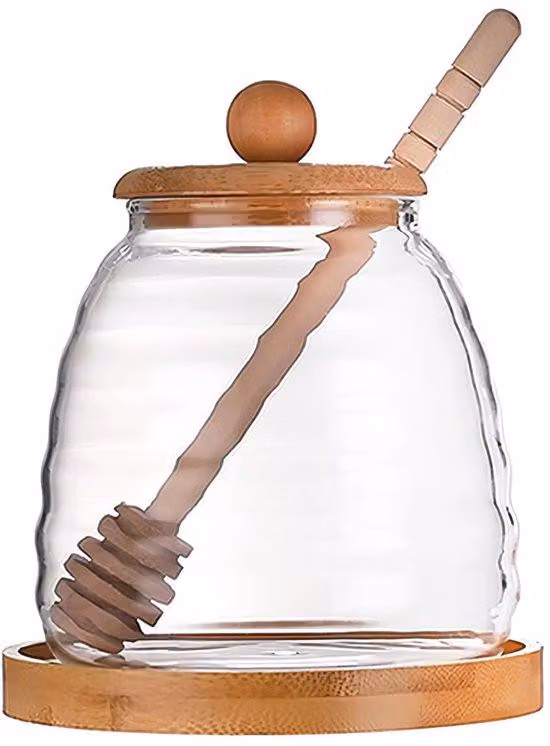 Dailygoods - Contenitore per miele da 16oz - Barattolo di vetro per miele con coperchio in bambù - Dispenser per miele - Misurino artigianale - Contenitore per la conservazione in cucina - Vetro borosilicato resistente
