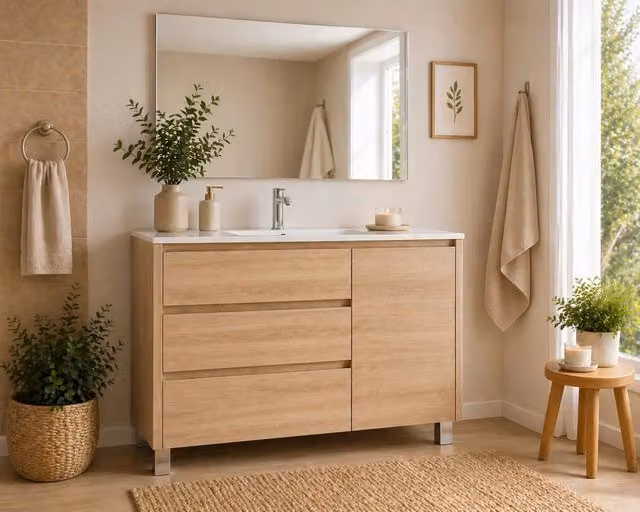 Mobile Bagno VOLUM Già Montato 3 cassetti e porta, lavabo e specchio Estepa 80x40 cm