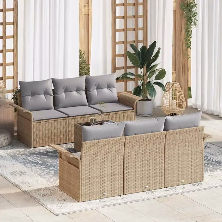 Set Divano da Giardino vidaXL 7 Pezzi in Polyrattan Beige con Cuscini e Tavolino da Caffè
