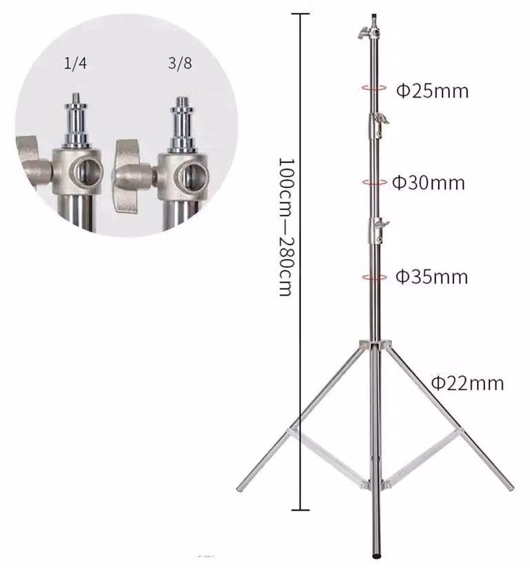 Treppiede, regolabile in altezza, robusta struttura in acciaio inossidabile, treppiede argento da 2,8 m