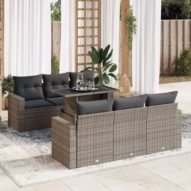 Set Divani da Giardino 7 pz con Cuscini Grigio in Polyrattan 3326261