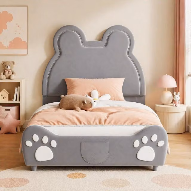 Letto singolo imbottito per bambini 90 × 200 cm a forma di orso in velluto grigio con rete a doghe