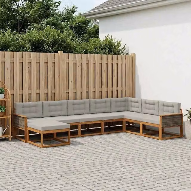 Set di divani da esterno a L vidaXL in legno di acacia con cuscini, 8 pezzi, Beige e Grigio – 1