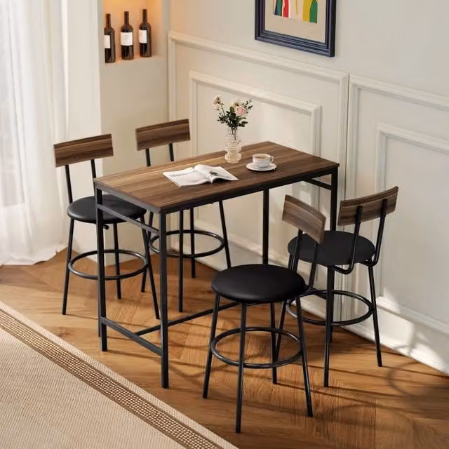 Set tavolo bar ULEVR 5 pezzi 110x55x90 cm con 4 sgabelli imbottiti, stile industriale marrone e nero