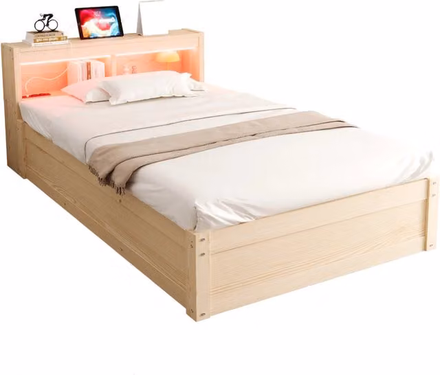 Letto singolo con contenitore Chicfurn in legno e MDF con rete sollevabile, presa USB, luci LED e luce da lettura, L/P/H: 90 x 200 x 120 cm