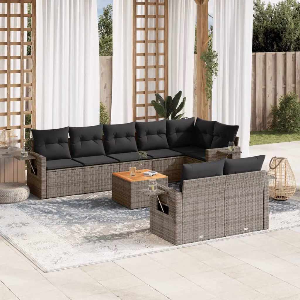 vidaXL Set Divano da Giardino a L in Polyrattan Grigio con 9 Pezzi e Cuscini – 1