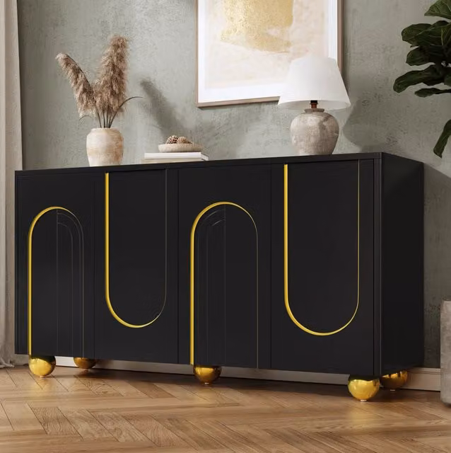 Credenza 4 ante con decoro ad arco dorato; MDF e truciolare; nera; 140 x 40 x 74 cm