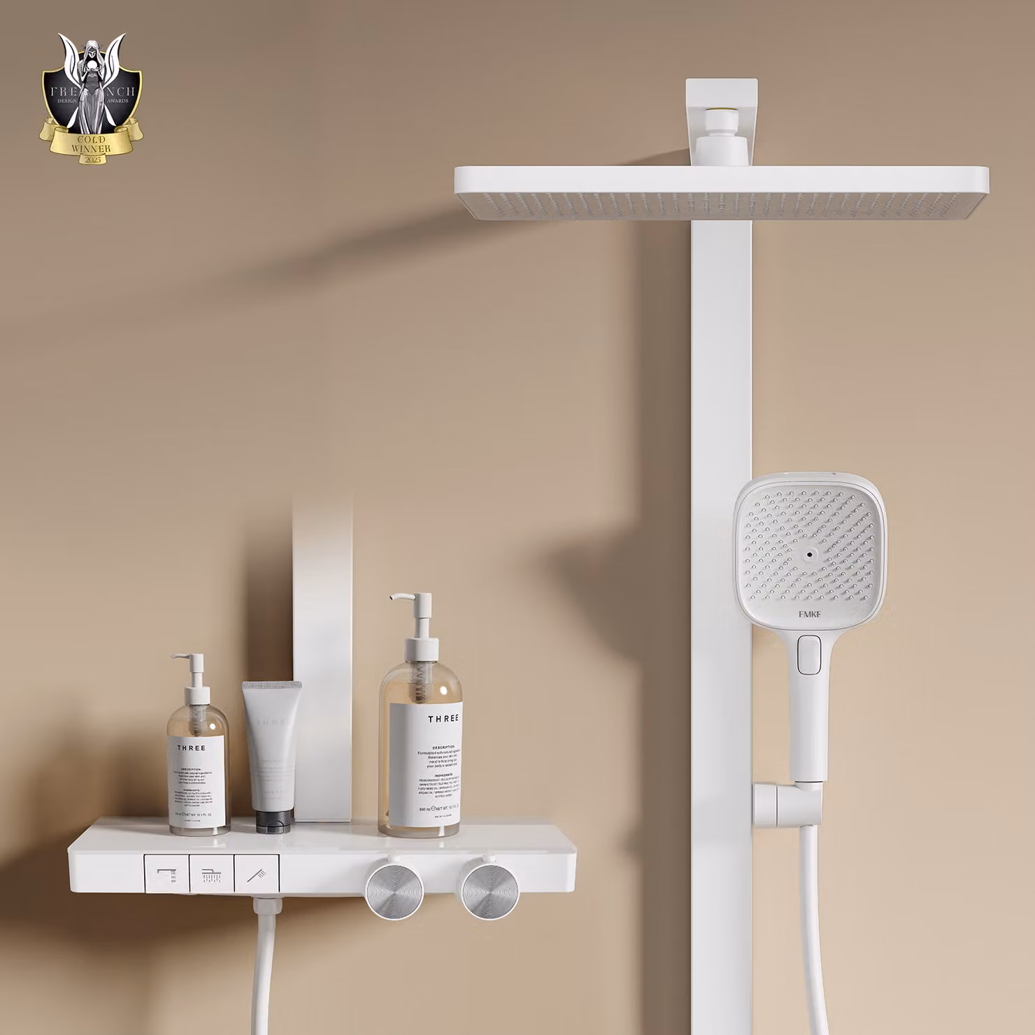 Sistema doccia EMKE con termostato Colonna doccia dal design pluripremiato, bianco 360×240 mm, doccia a pioggia angolare, regolatore del flusso d'acqua, bocca da bagno F29
