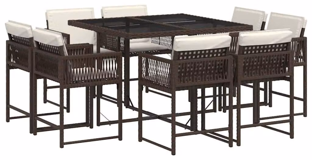 Set da giardino da 9 pezzi, color marrone, in rattan sintetico pieghevole, con cuscini e tavolo in vetro