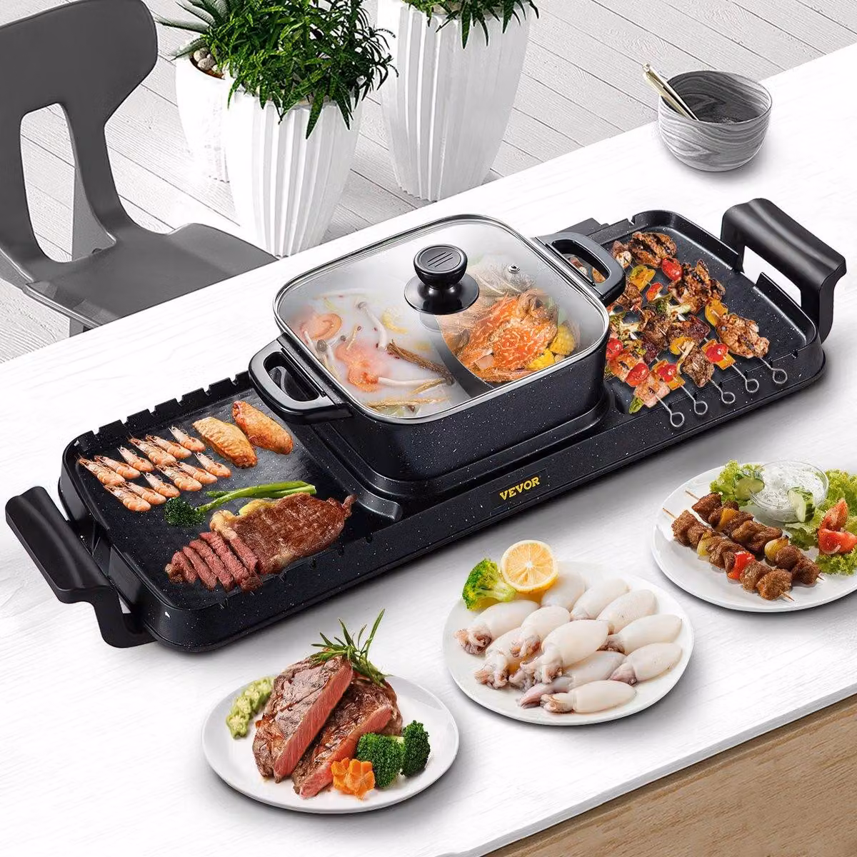 Barbecue elettrico - Piastra grill e pentola hot pot - Potenza 2400W - Portatile e senza fumo - Rivestimento antiaderente removibile