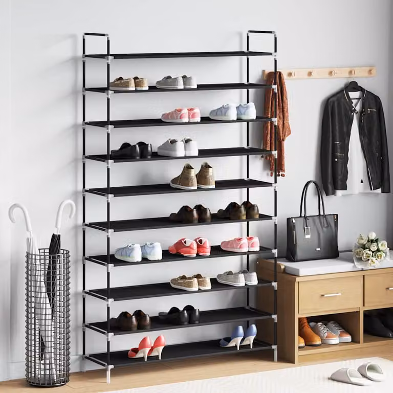 Scarpiera vidaXL con 10 ripiani in metallo e tessuto nero L: 29,5 cm, P: 29,5 cm, H: 170 cm
