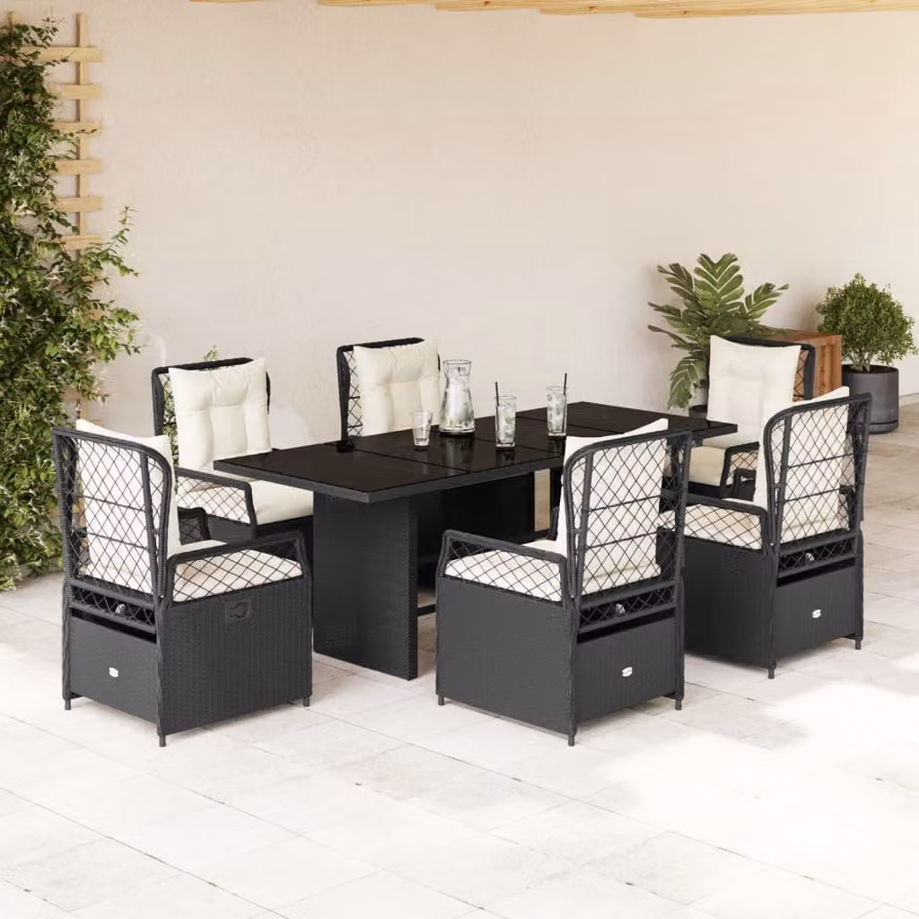 vidaXL Set da Pranzo da Giardino 7 pz in Polyrattan Nero con Piano in Vetro – 1