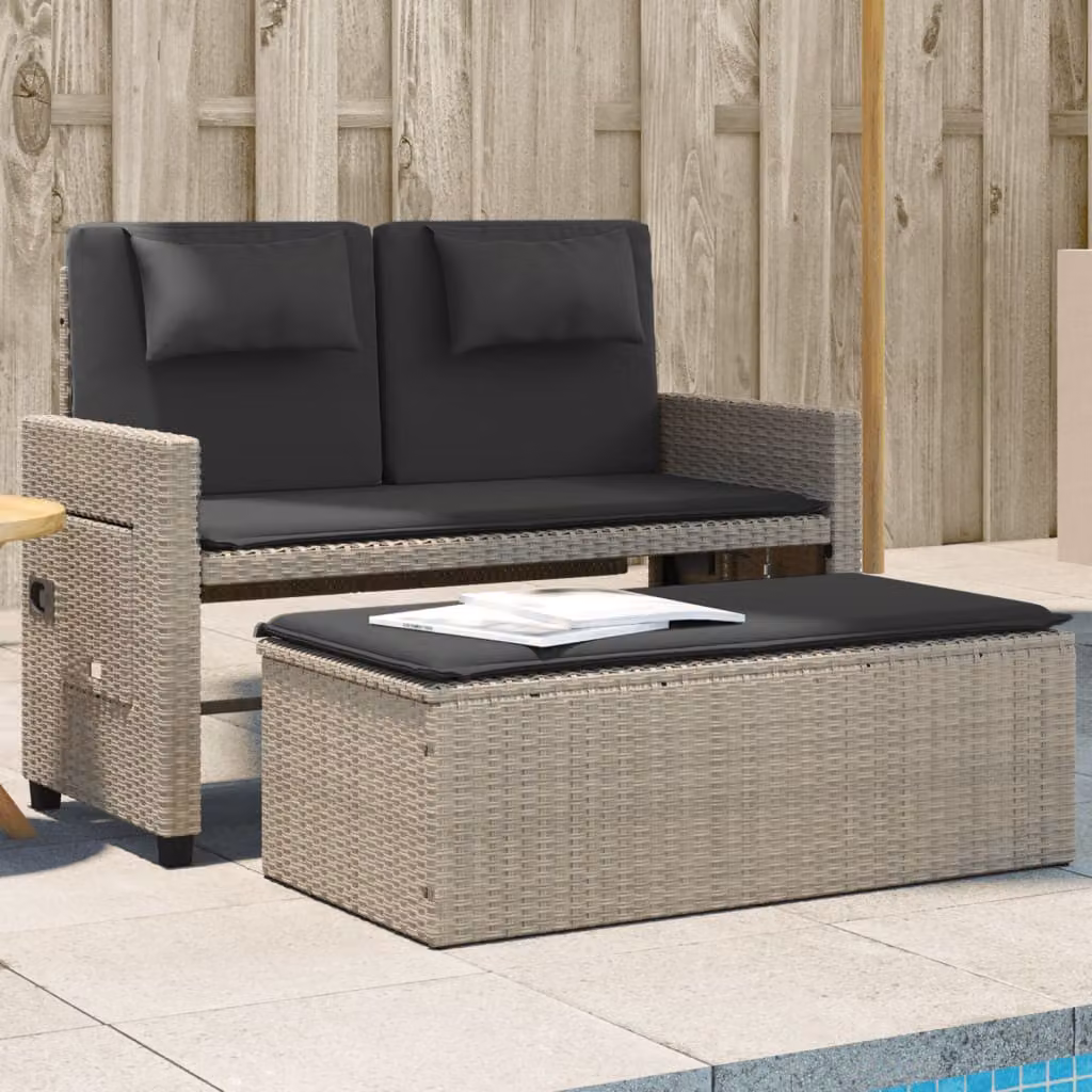 vidaXL Panca Reclinabile da Giardino in Polyrattan e Metallo con Cuscini Grigio Chiaro