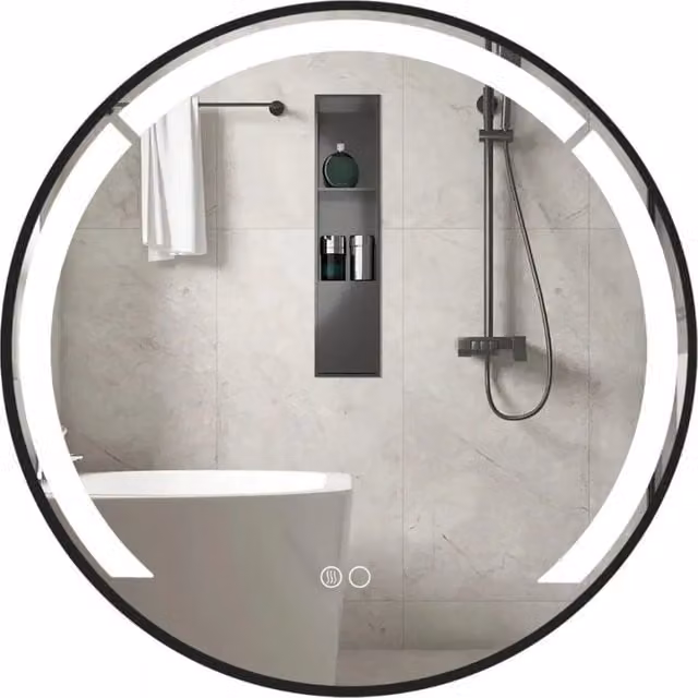 Specchio da bagno rotondo nero con luce LED dimmerabile e funzione antiappannamento, montaggio a parete, Diametro: 60 cm, Profondità: 3,5 cm
