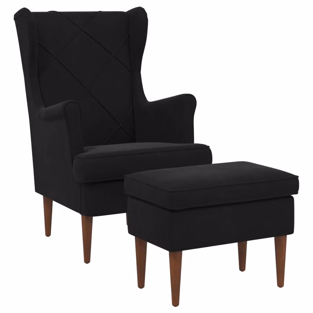 Set Poltrona con Ottoman vidaXL in Velluto Nero per Soggiorno e Camera da Letto – 2