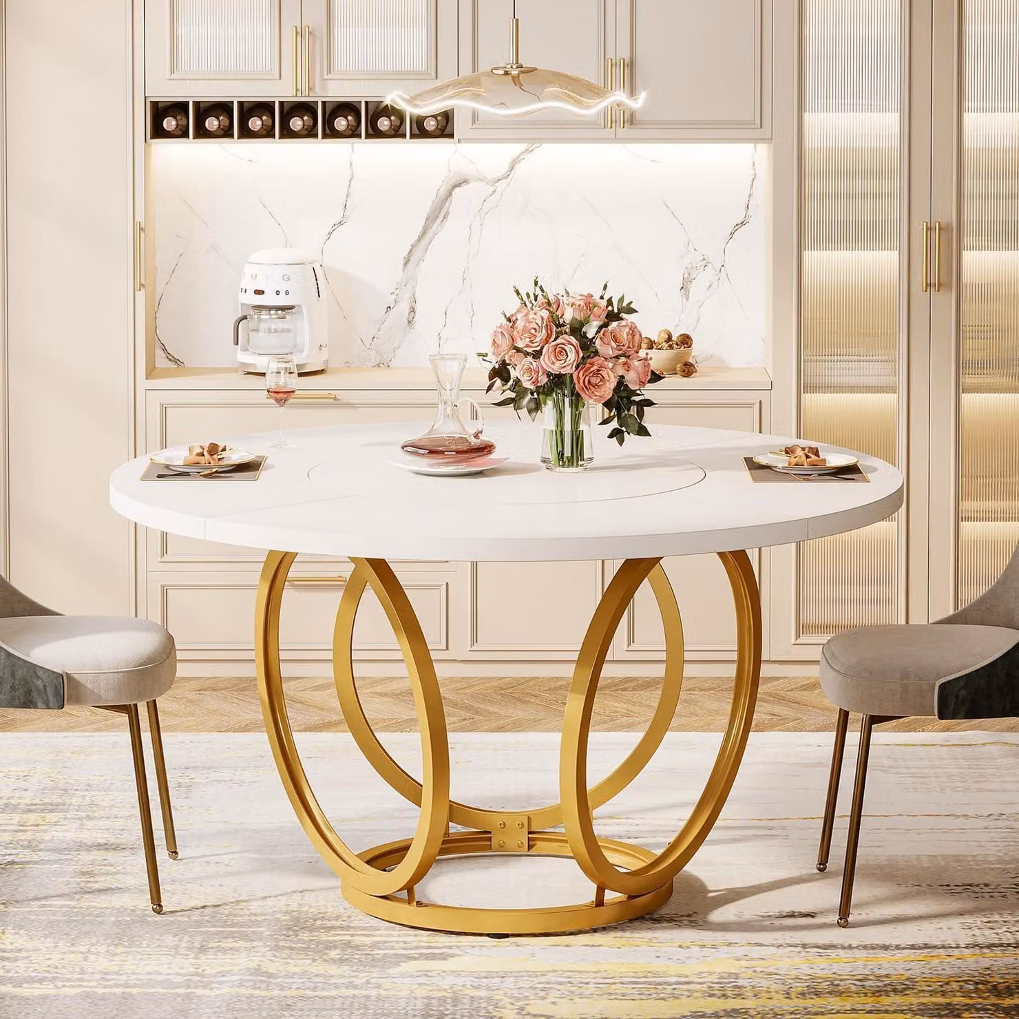 Tavolo da pranzo rotondo per 4-6 persone, bianco con gambe in metallo dorato, dimensioni 120x120 cm