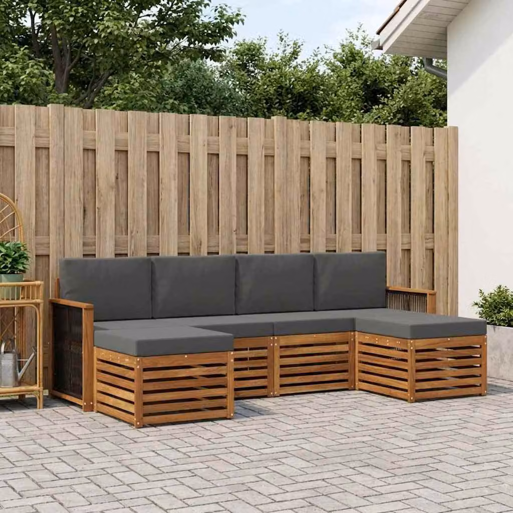 Set di divani da esterno vidaXL a forma di L in legno di acacia con cuscini, marrone e grigio