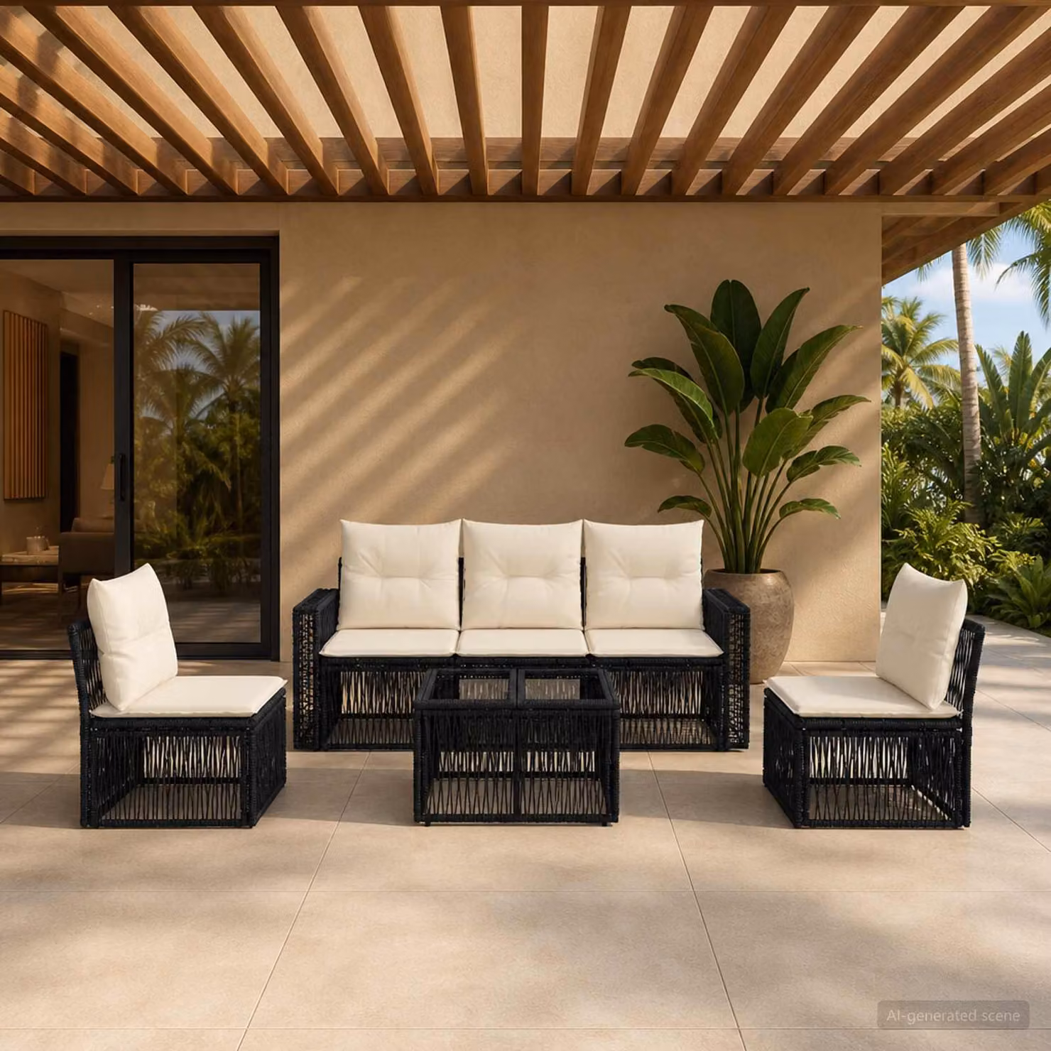 Set Divano da Giardino vidaXL 6 Pezzi Moderno con Tavolino e Cuscini, Struttura in Metro e Polyrattan, Nero e Bianco Crema