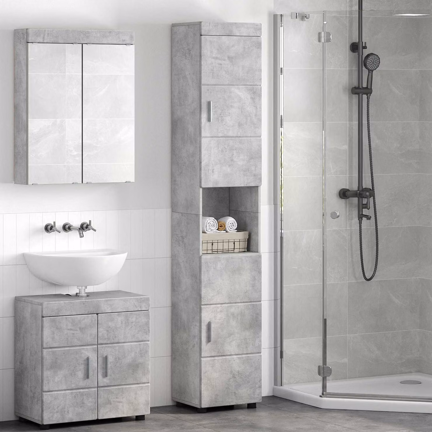 Set di armadi da bagno vidaXL TULUM modern in MDF grigio cemento L/P/H: 37 x 31,5 x 203 cm