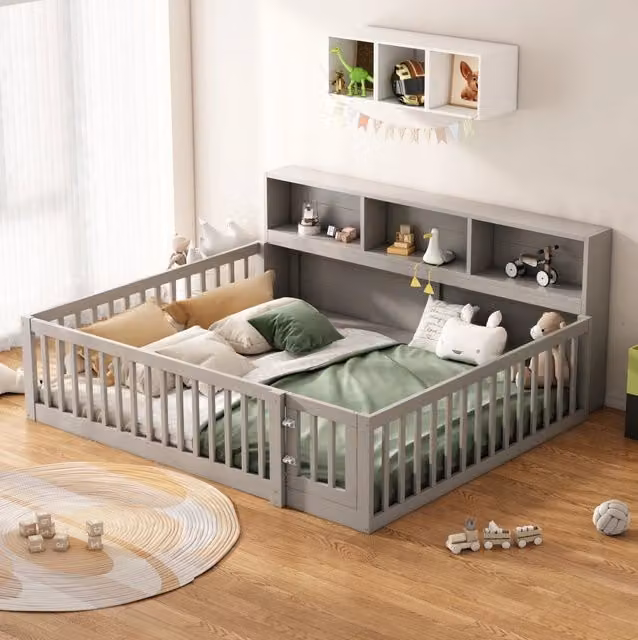 Daybed 140x200 cm con sponde di sicurezza e vani laterali; in pino e MDF; grigio