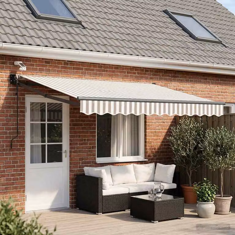 Tendalino elettrico retrattile vidaXL in alluminio con bracci pieghevoli e copertura in poliestere, colori grigio chiaro e bianco