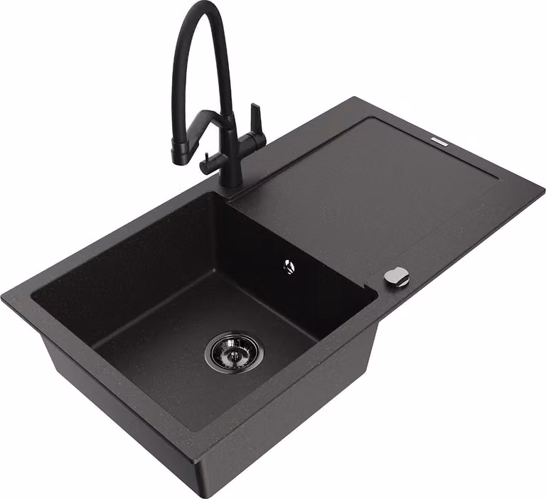 Mexen Leo lavello da cucina in granito a 1 vasca con scolapiatti e miscelatore Duo, nero/oro metallico - 6501-75-671701-70-B