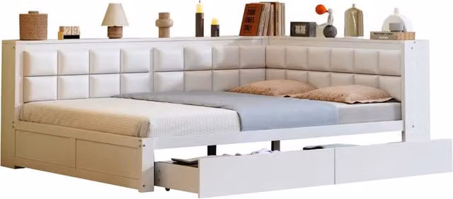 Letto a Divanetto Moderno in Legno di Pino e Tessuto con 2 Cassetti e Schienale Imbottito, Colore Bianco, L/P/H: 140 x 200 cm