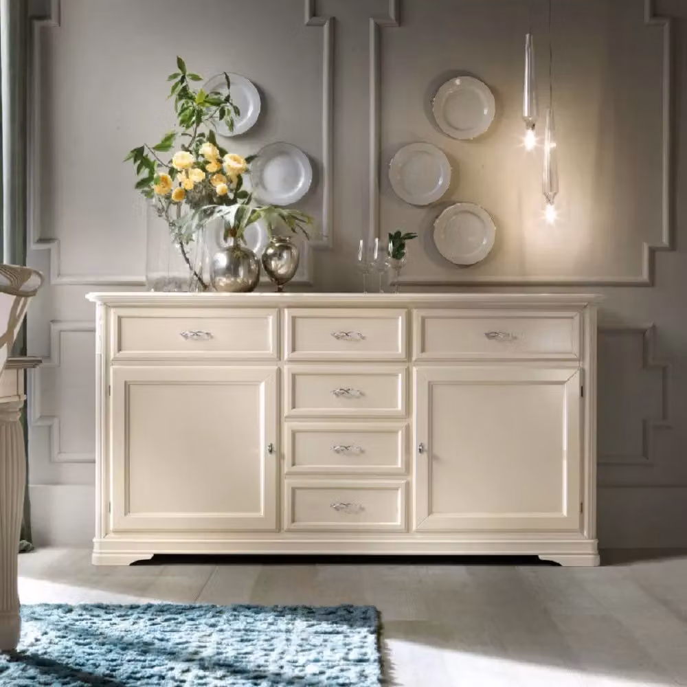 Madia credenza shabby chic in legno massello di Mobili 2G con 2 porte, colore avorio, L: 200 cm, P: 51 cm, H: 105 cm – 1