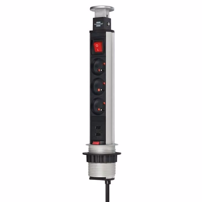 Brennenstuhl, ciabatta a 3 vie e 2 USB 2 m con interruttore, nero / argento