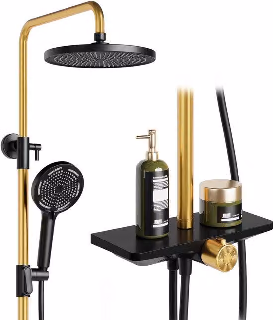 Sistema doccia Unyqoos® senza miscelatore – Doccia a pioggia XL da 25 cm, regolabile da 98 a 130 cm, soffione manuale con 3 getti, ripiano portante da 10 kg, colore nero/oro, acciaio inossidabile, attacco G12