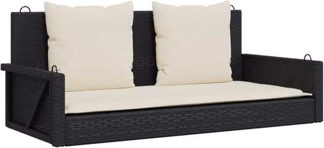 Panchina a dondolo da giardino in polyrattan con cuscini nera e bianca L: 119 cm, P: 56 cm, H: 48 cm – 1