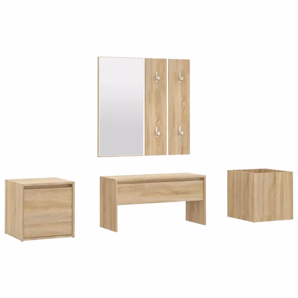 Set di Mobili da Corridoio Moderno vidaXL in Legno e Plastica, Colore Rovere, con Panca, Specchio, Pannello e Scarpiera – 2