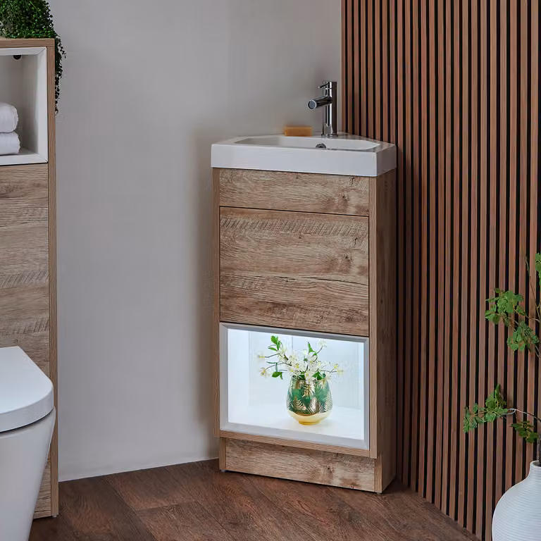 Mobile Angolare 450mm Rovere Chiaro Con Lavabo E Led – Ripiano Aperto