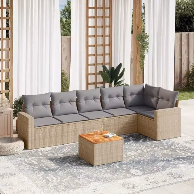 Set Divani da Giardino 7 pz con Cuscini Beige in Polyrattan 3224134