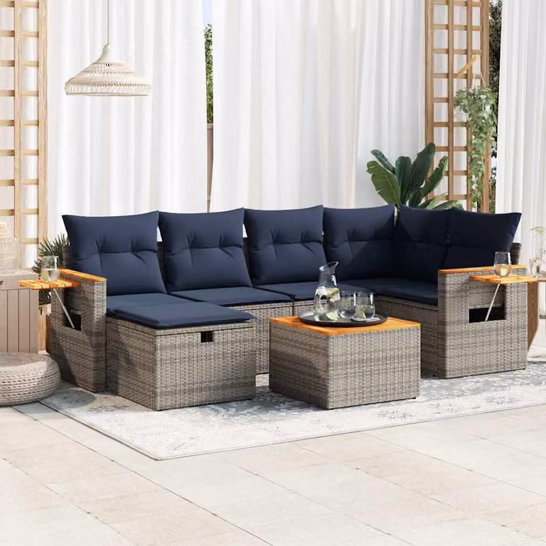 Set da giardino vidaXL in polyrattan da 7 pezzi con cuscini grigi e struttura in metallo con tavolino e pouf