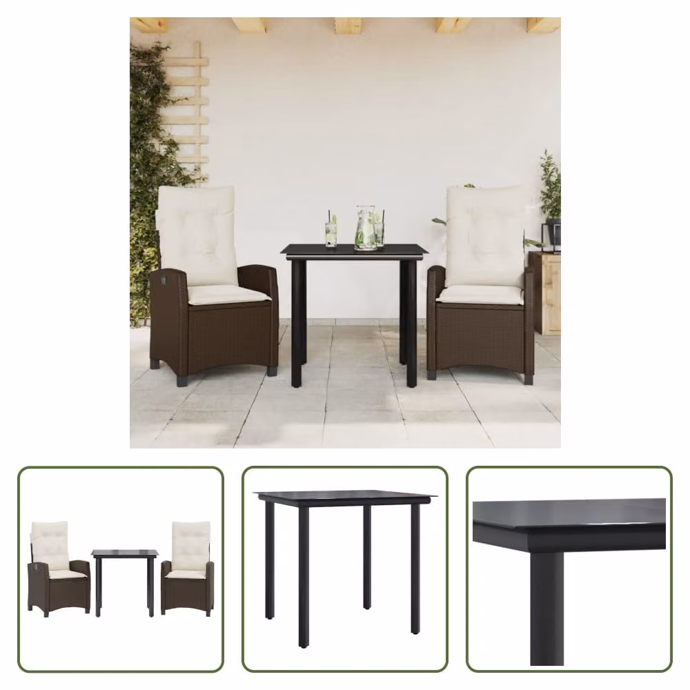 The Living Store Set da pranzo da giardino in 3 pezzi con cuscini in poly rattan marrone