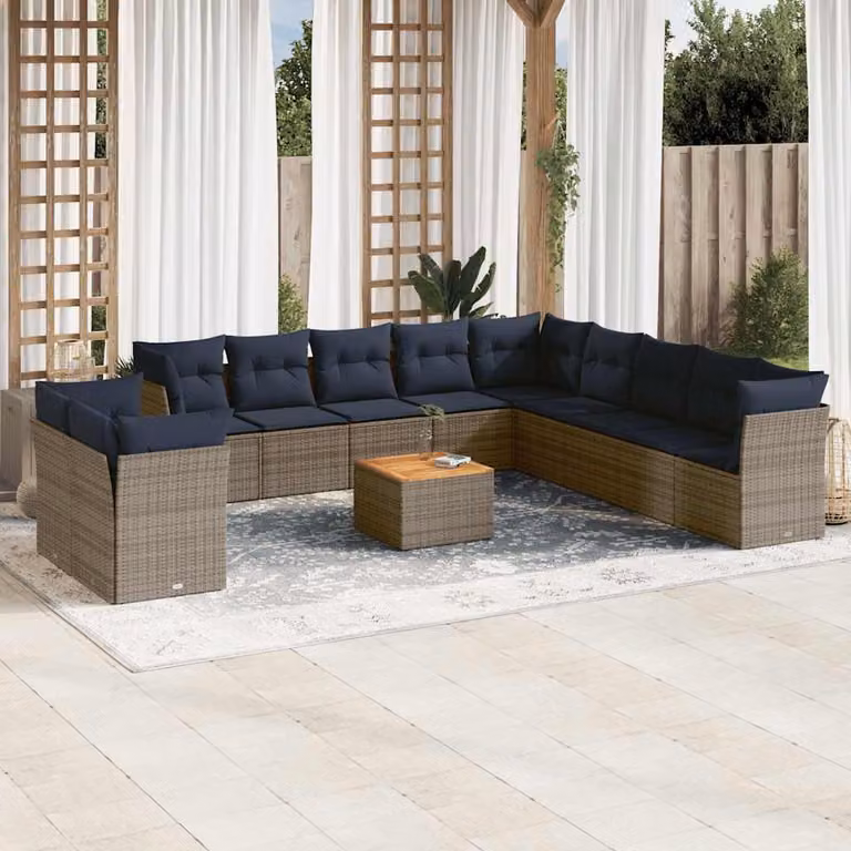 vidaXL Set Divani da Giardino a Forma di U in Polyrattan e Legno di Acacia con Cuscini Blu e Grigio e Tavolino da Esterno